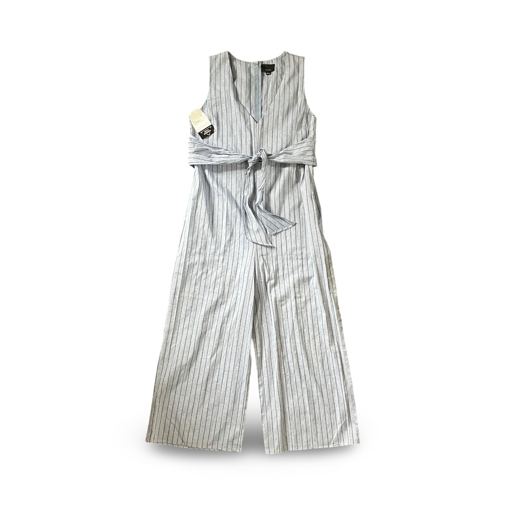 Lumiere Blue White Striped Sleeveless Wide Leg Tie Waist Jumpsuit NWT Large